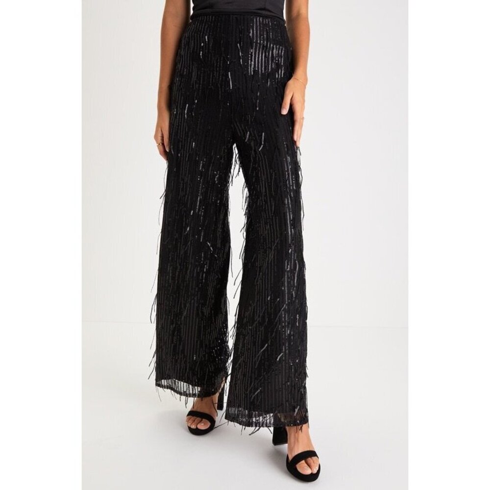 Lulu's Black Sequin Fringe Wide-Leg Pants
